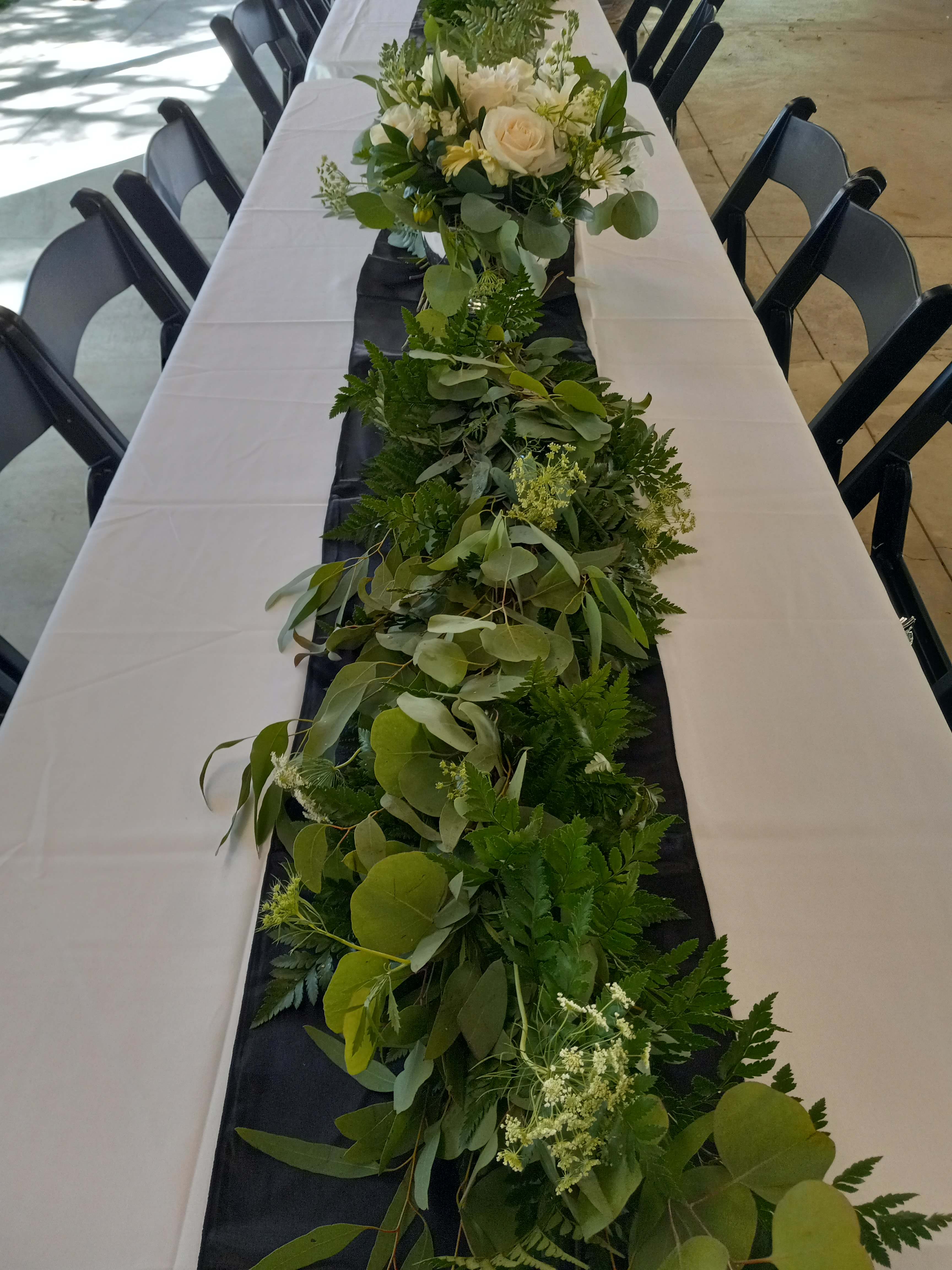 Alexis wedding reception table garland (greens) - Rich greenery 9mixed eucalyptus and other greens table garland 