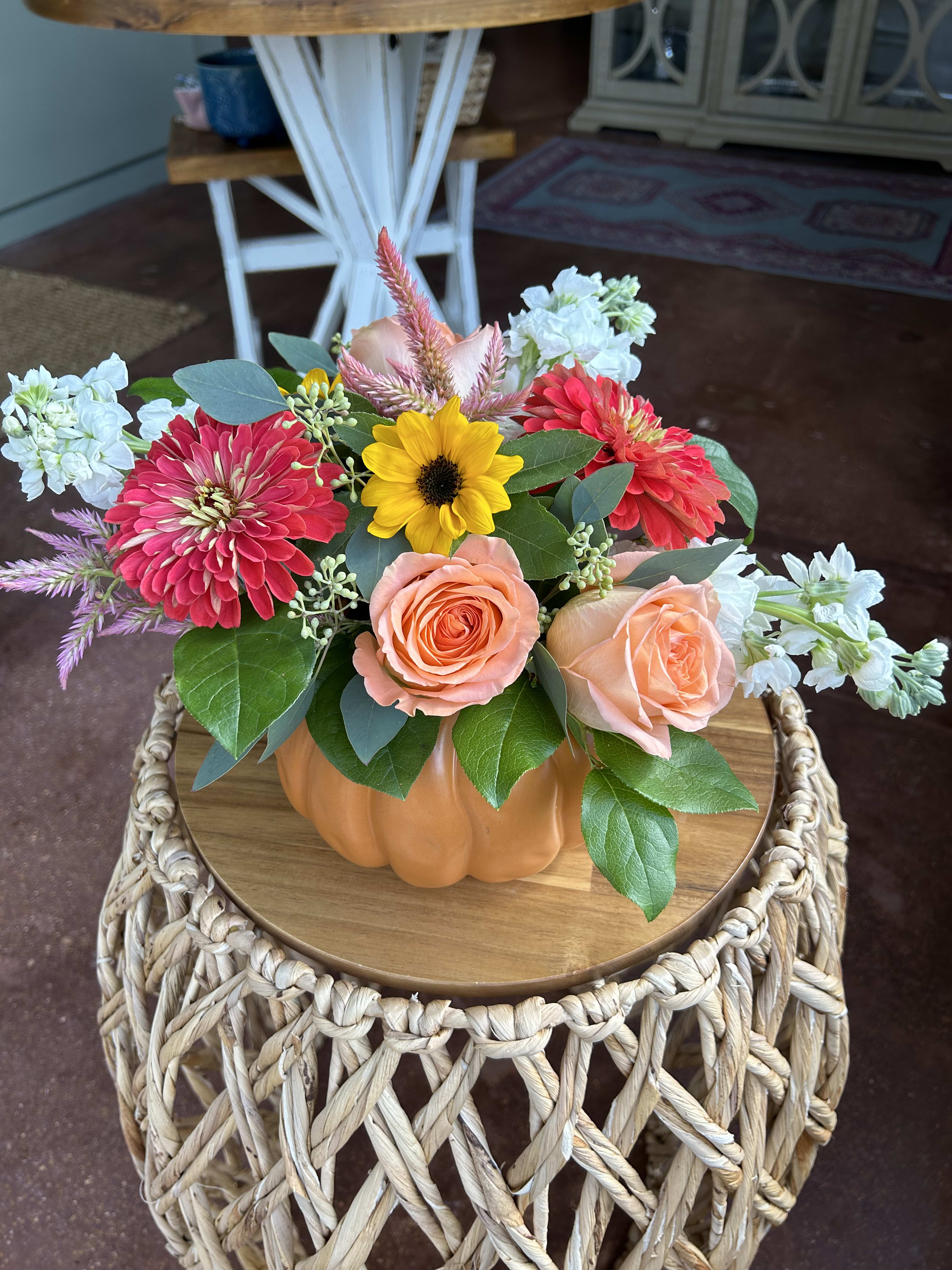 Pumpkin Container Arrangement in ster Groves, MO Blooms in Yellow