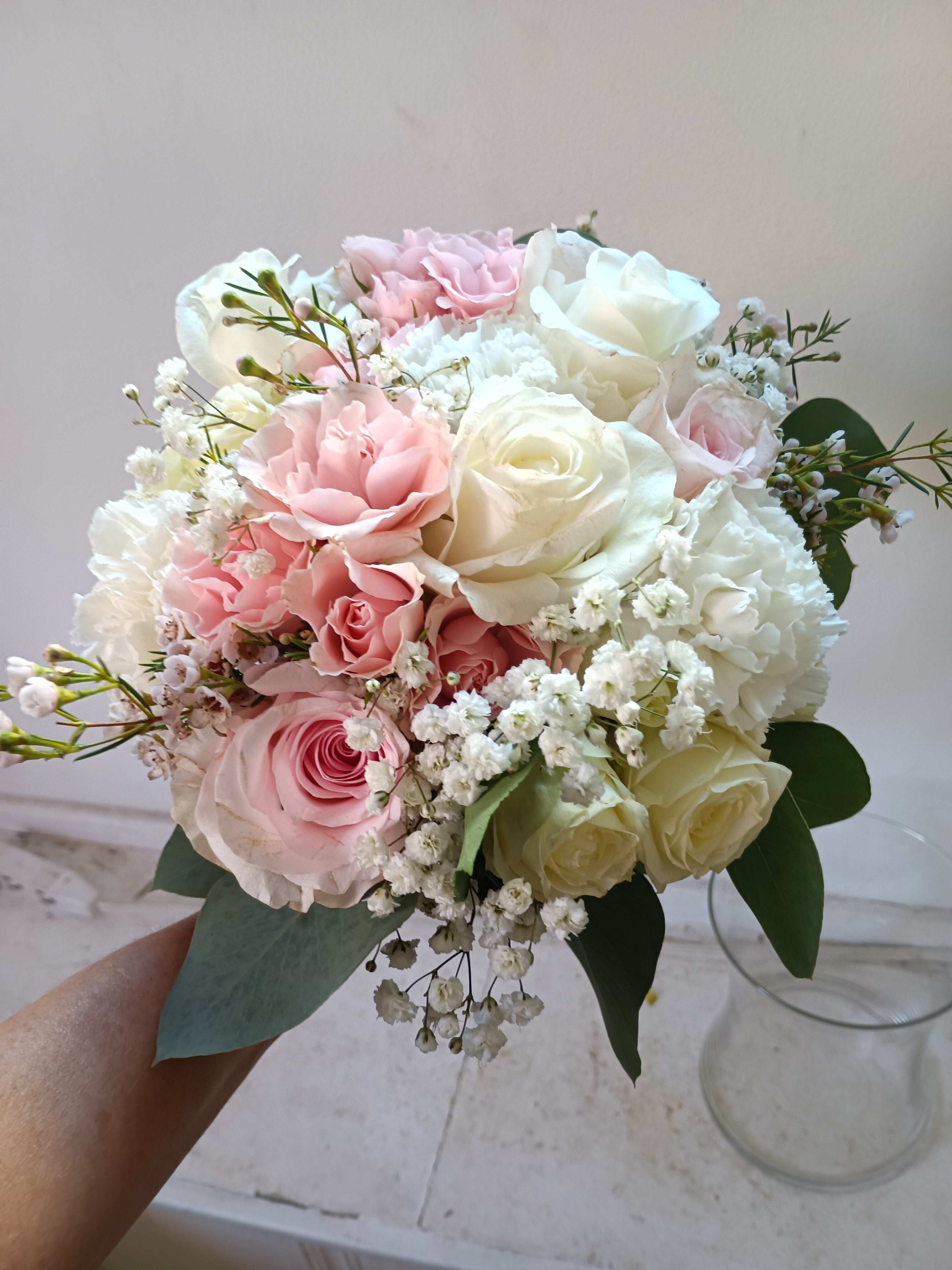 Allie's bridesmaids bouquet - Light and airy white and light pink standard and spray roses, carnations, baby's breath and pink  wax flower round hand tied bridesmaids posy bouquet
