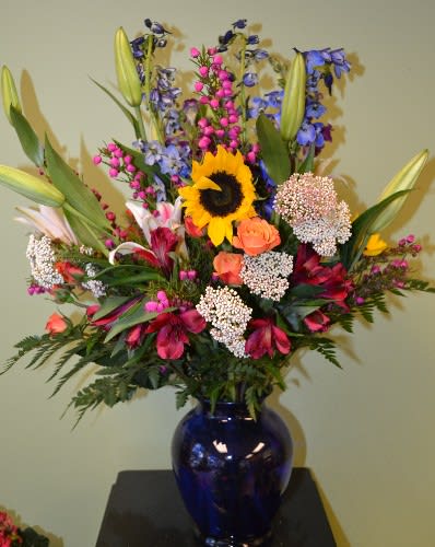 Glorious Memories - Sunflowers, Delphinium, Alstro, Stargazer, Spray Roses, Heather and more!