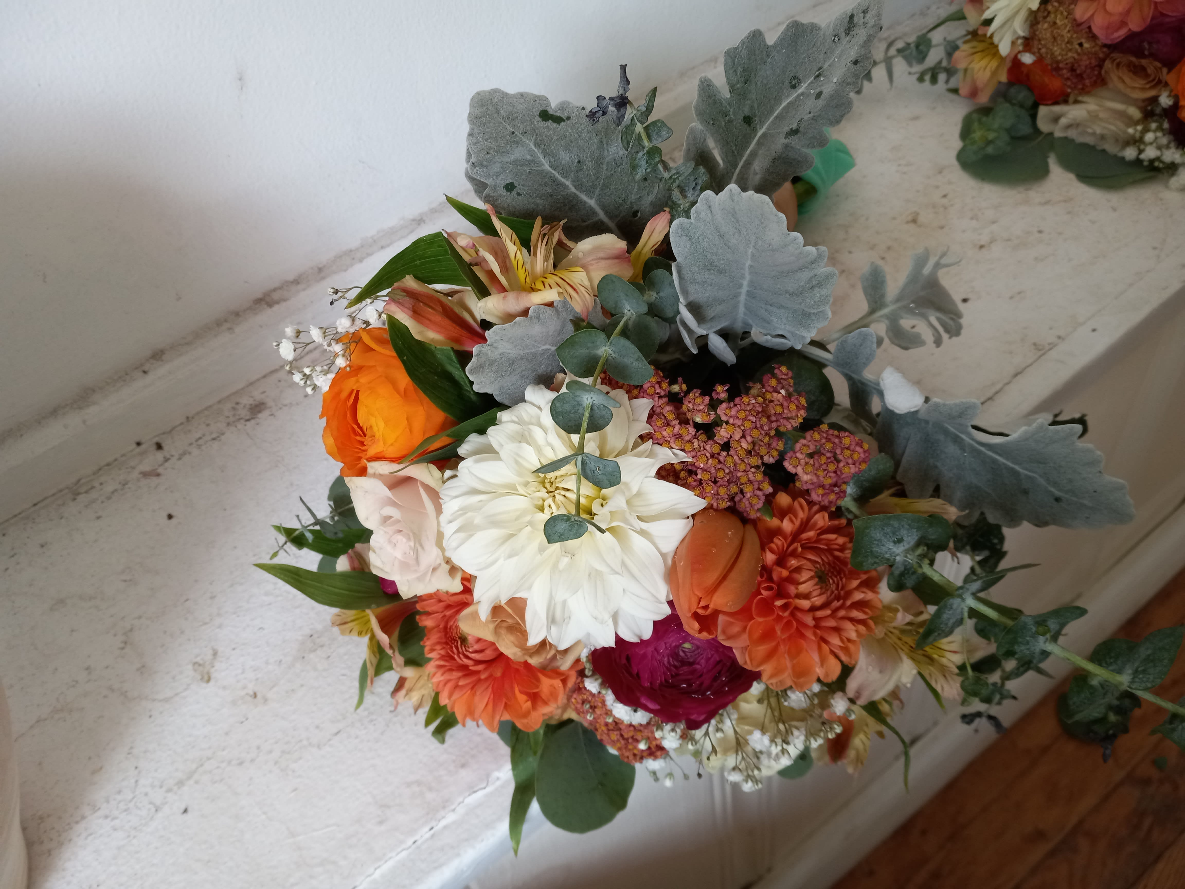 Allison's bridesmaids bouquet - Beautiful fall colors dahlia, roses, alstroemeria and other flowers round posy bridesmaids bouquet