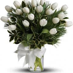 10 White Tulips With Pine Standard. - Standard: 10 Tulips arranged with pine in a vase. Premium: 20 Tulips arranged with pine in a vase.