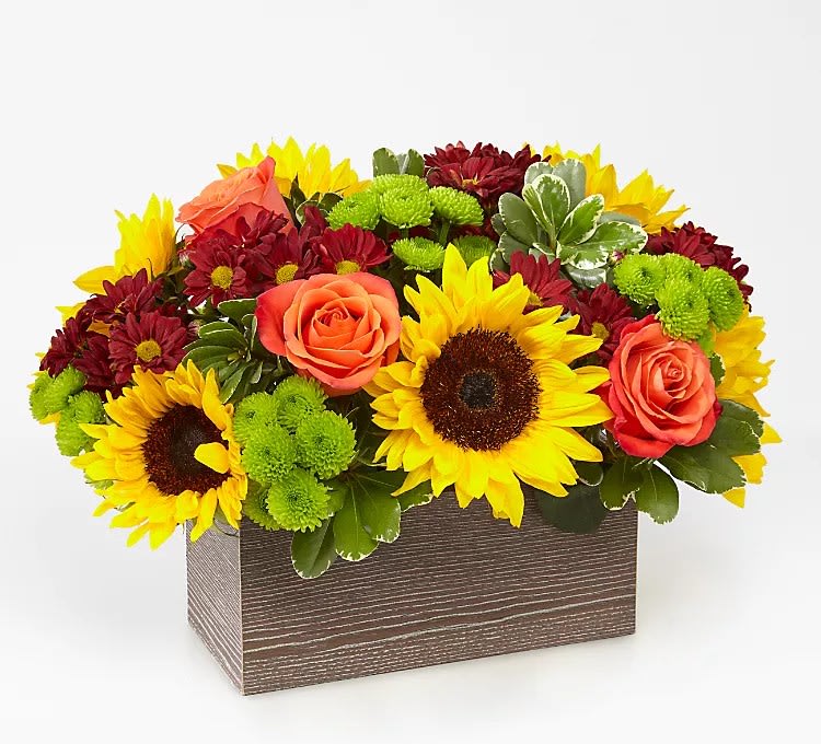 Happy Harvest Garden - All brightly colored fall flowers in a rectangular &quot;box&quot;,  box may be substituted for another woodtone color. Substitutions may be made due to out of stock on flowers shown. Order 24/7 Delivery Mon - Fri only
