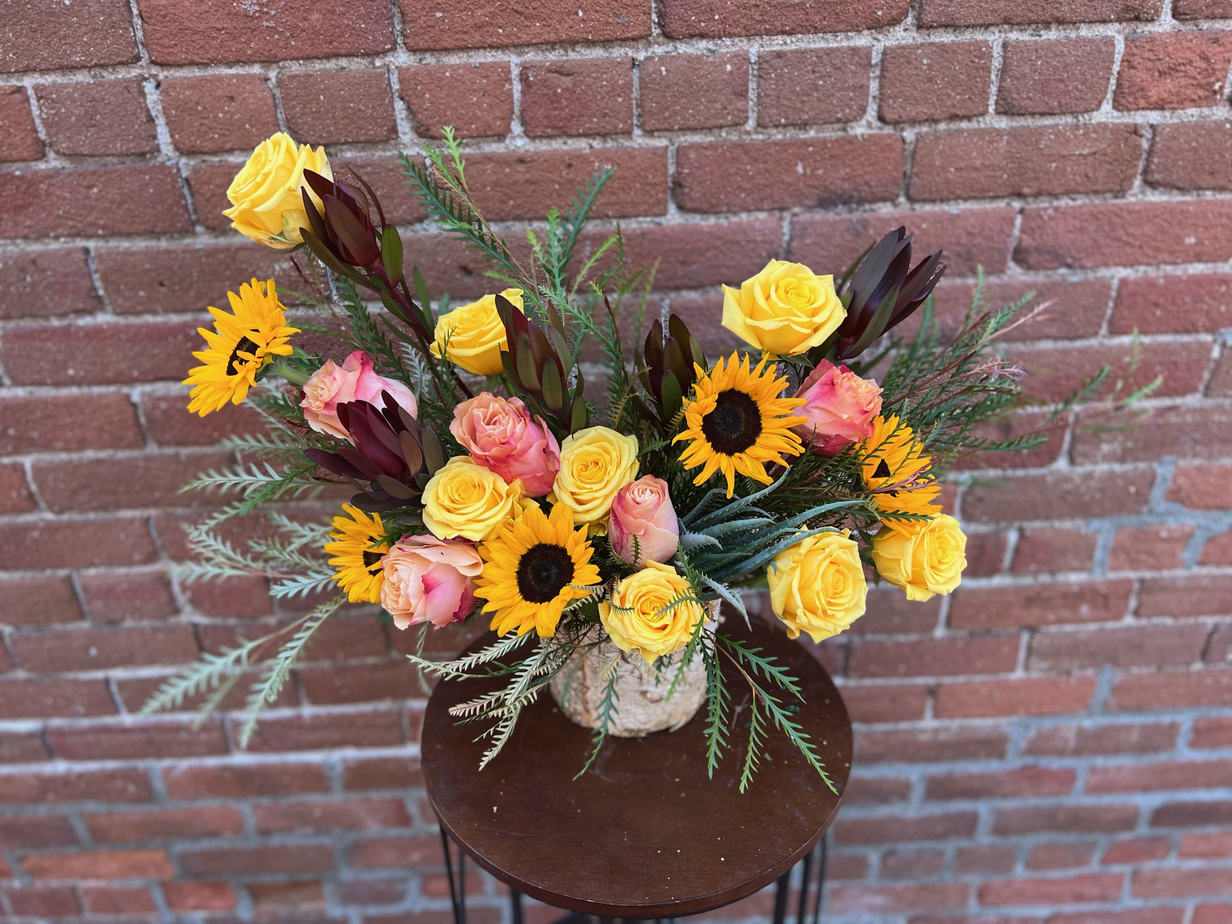 fall cheer fall cheer - a selection of yellow roses sunflowers fall greens and orange roses