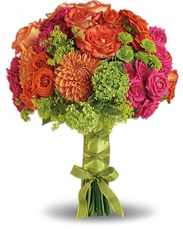Bright Love Bouquet - You're certainly glowing - why not carry flowers that are, too? This bright bouquet is fabulously fun and fashionable. Orange and hot pink roses are perfectly paired with orange dahlias, green hydrangea and button spray chrysanthemums, plus green viburnum and accents of lady's mantle.