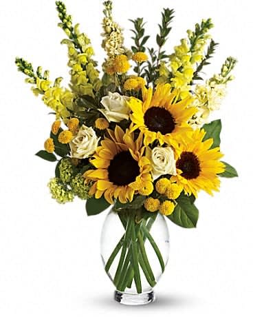 Here Comes The Sun by Teleflora - Here comes the sun and it's all bright, especially when it comes to this gorgeous bouquet. Anyone who receives this golden arrangement will definitely feel its warmth. As if green roses next to yellow sunflowers and snapdragons weren't brilliant enough, we've added white stock, green button spray chrysanthemums, salal, myrtle and pittosporum to an exclusive Inspiration Vase.