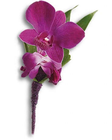 Perfect Purple Orchid Boutonniere - An exotic pick with confidence and style. Purple dendrobium orchids, Italian ruscus and a galax leaf bundled in a purple satin ribbon.