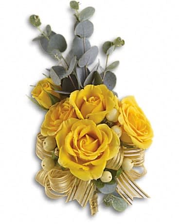 Sunswept Corsage - Sunny yellow roses mirror your happiness. Yellow spray rosesd and hypericum with parvifolia eucalyptus.