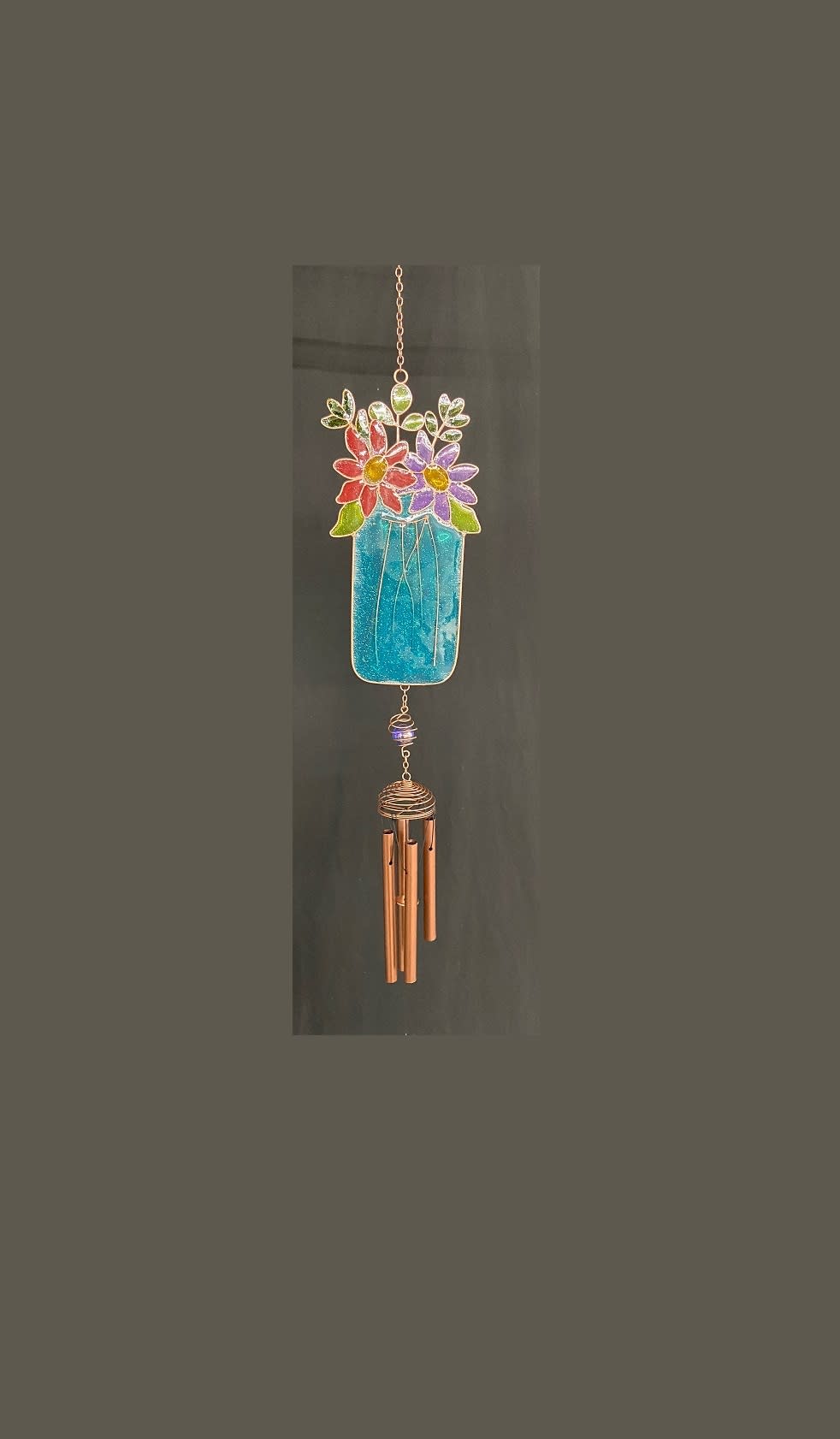 Mason Jar Suncatcher Mini-Chime - This colorful sun catcher mini chime is 31in long. Sold individually for $28.75 or displayed on an easel with floral design for $48.75.
