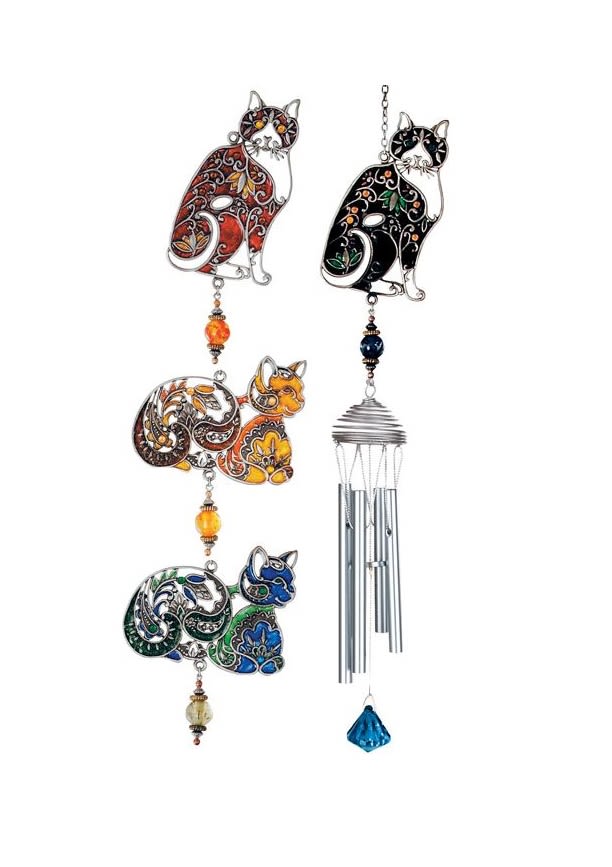 Cat Suncatcher Mini-Chimes - This colorful sun catcher cat mini chime is 26in long. Glass color and cat shape will vary. Sold individually for $28.75 or displayed on an easel with floral design for $48.75.