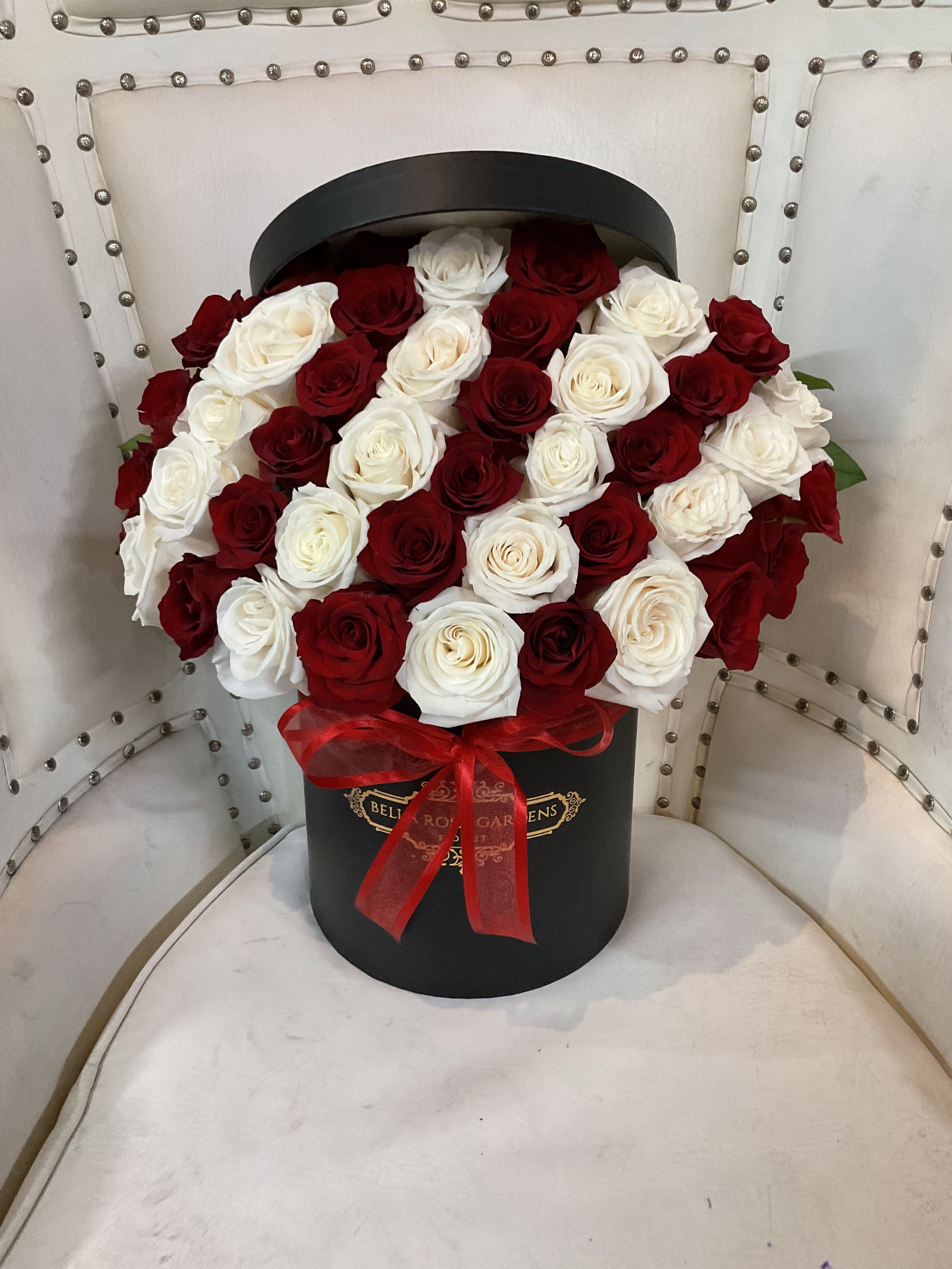 Red and White Rose stripe Box  - 50 premium red and white striped rose box 