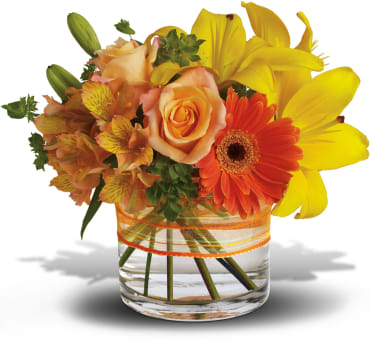 Sunny Siesta -  Send a sunny siesta someone's way with this chic summer bouquet! Warm shades of orange and yellow are presented in a modern low cylinder vase for a stylish arrangement that suits anyone, any time.    Item # T157-3A 