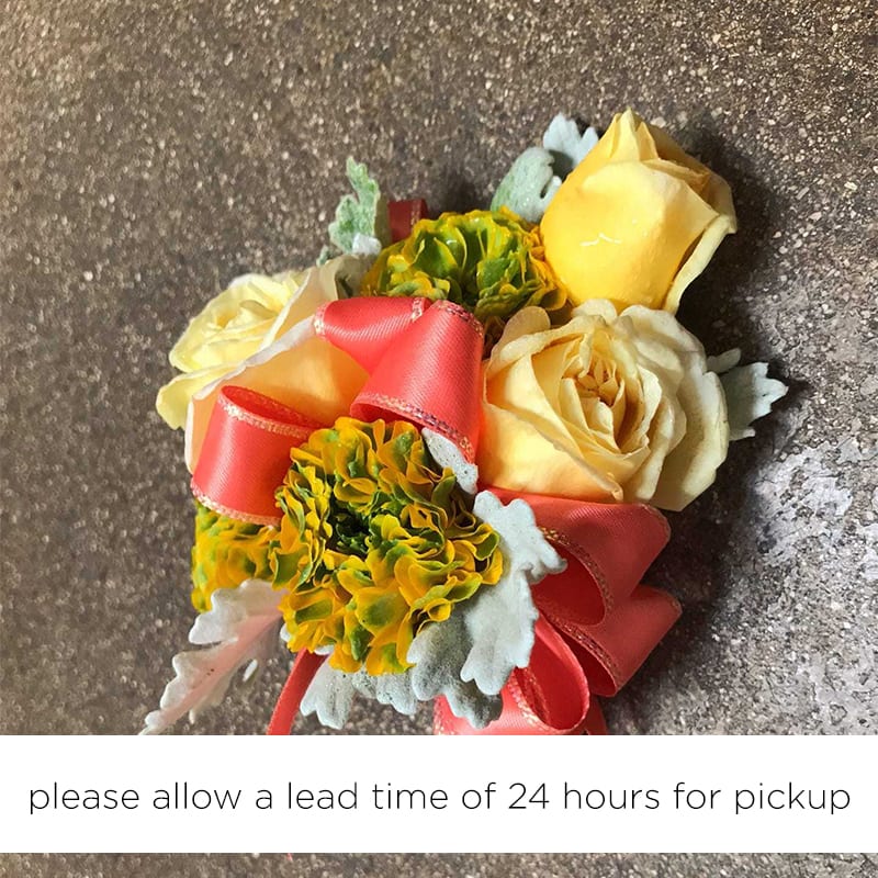 Yellow and Coral Wrist Corsage