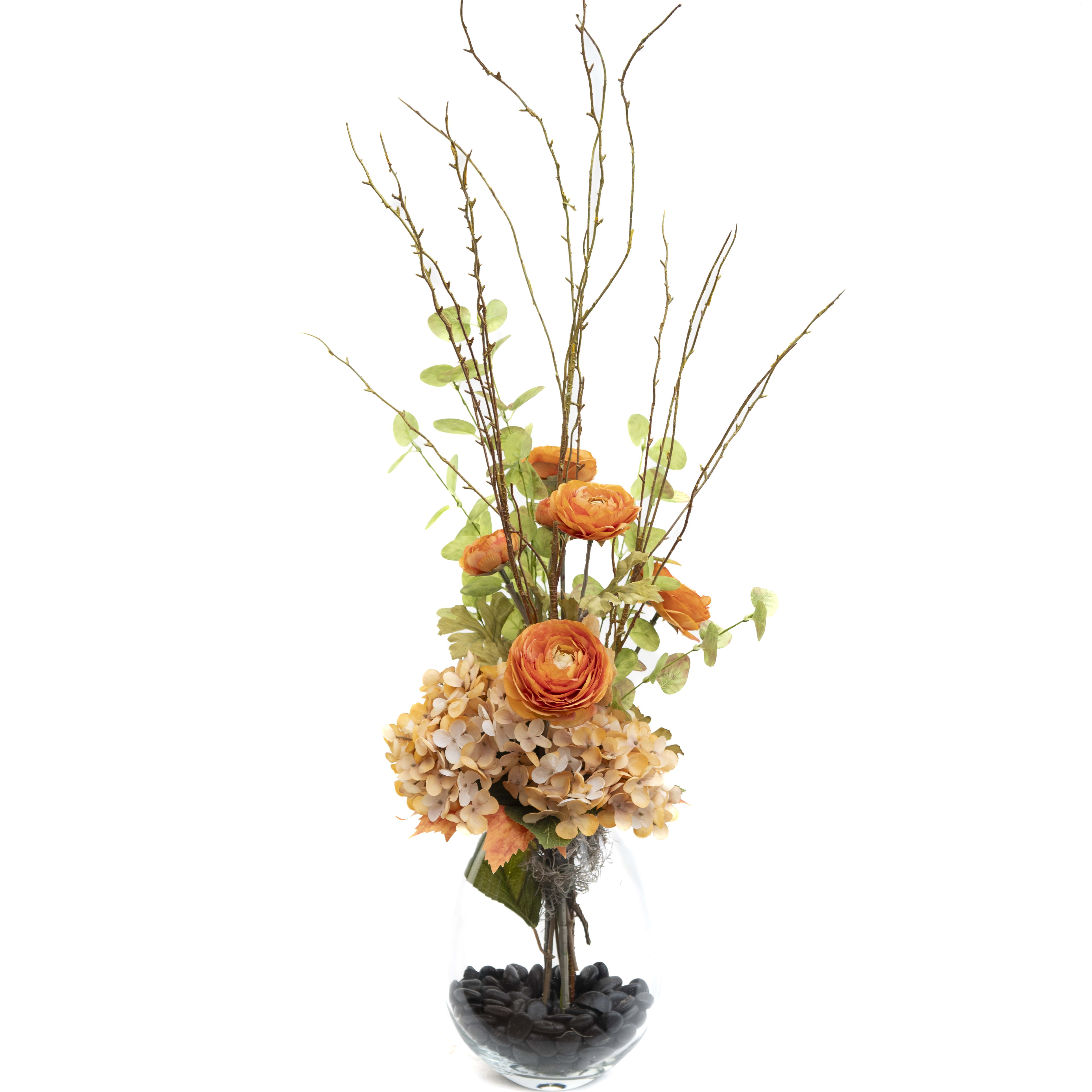 Artificial Arrangement with Fall Vibe Artificial Arrangement with Fall Vibe - A unique arrangement in teardrop clear glass vase based with Black river rocks. This arrangement is 35" tall and 10" wide. This artificial arrangement can be enjoyed year after year.