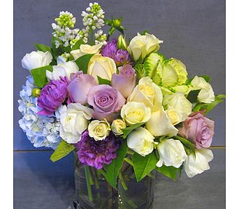 Petals In Motion - Lavender and White Roses, Hydrangea and Kale flow together effortlessly in a clear 6&quot; glass cylinder.                          	                             