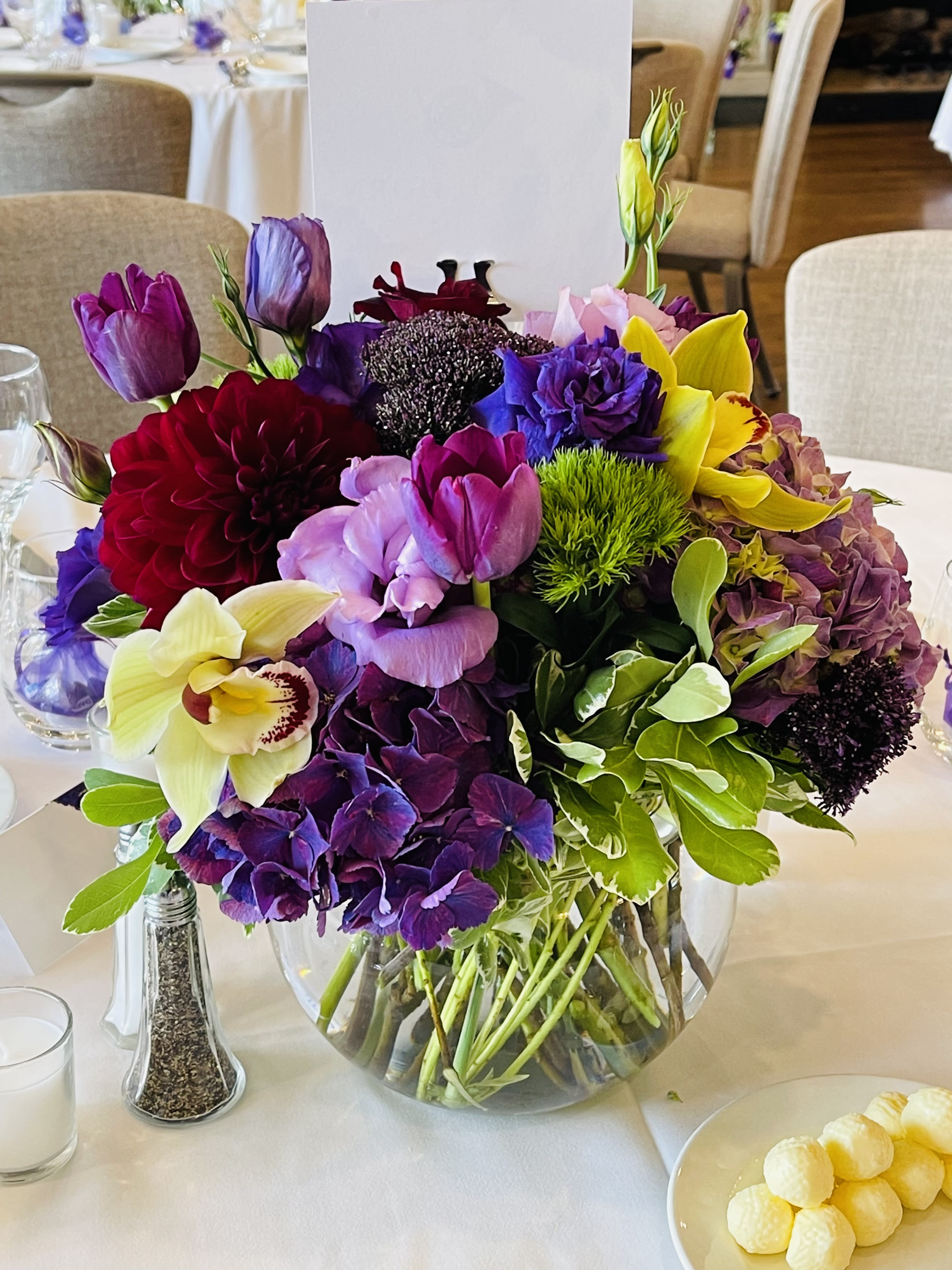 Purple, blue,jewel tone, fishbow.  - Beautiful, jewel tone, blue hydrangeas, purple hydrangeas mix with green Cymbidium, purple roses, Scabiosa etc… 