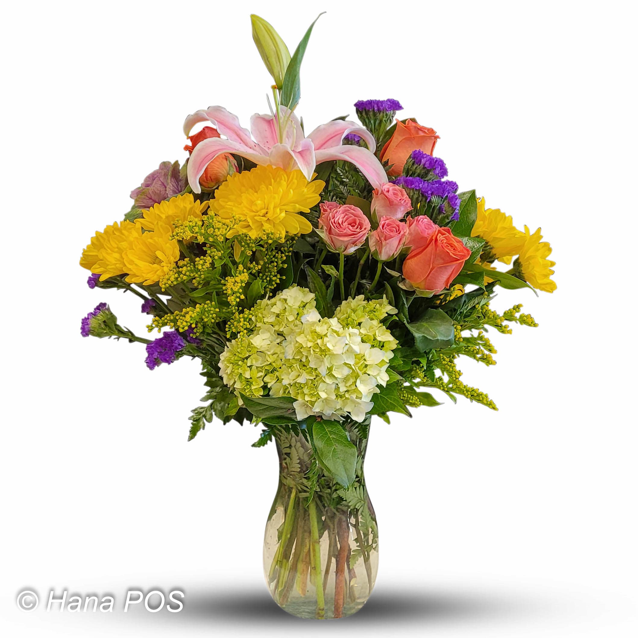 Sunny Day - Beautiful mixed arrangement of hydrangeas, lilies, spray roses and more