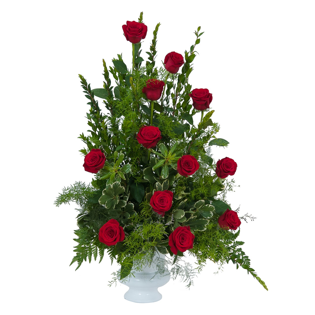 Royal Dozen Rose Urn - Red roses and premium foliage combine to make this elegant tribute.