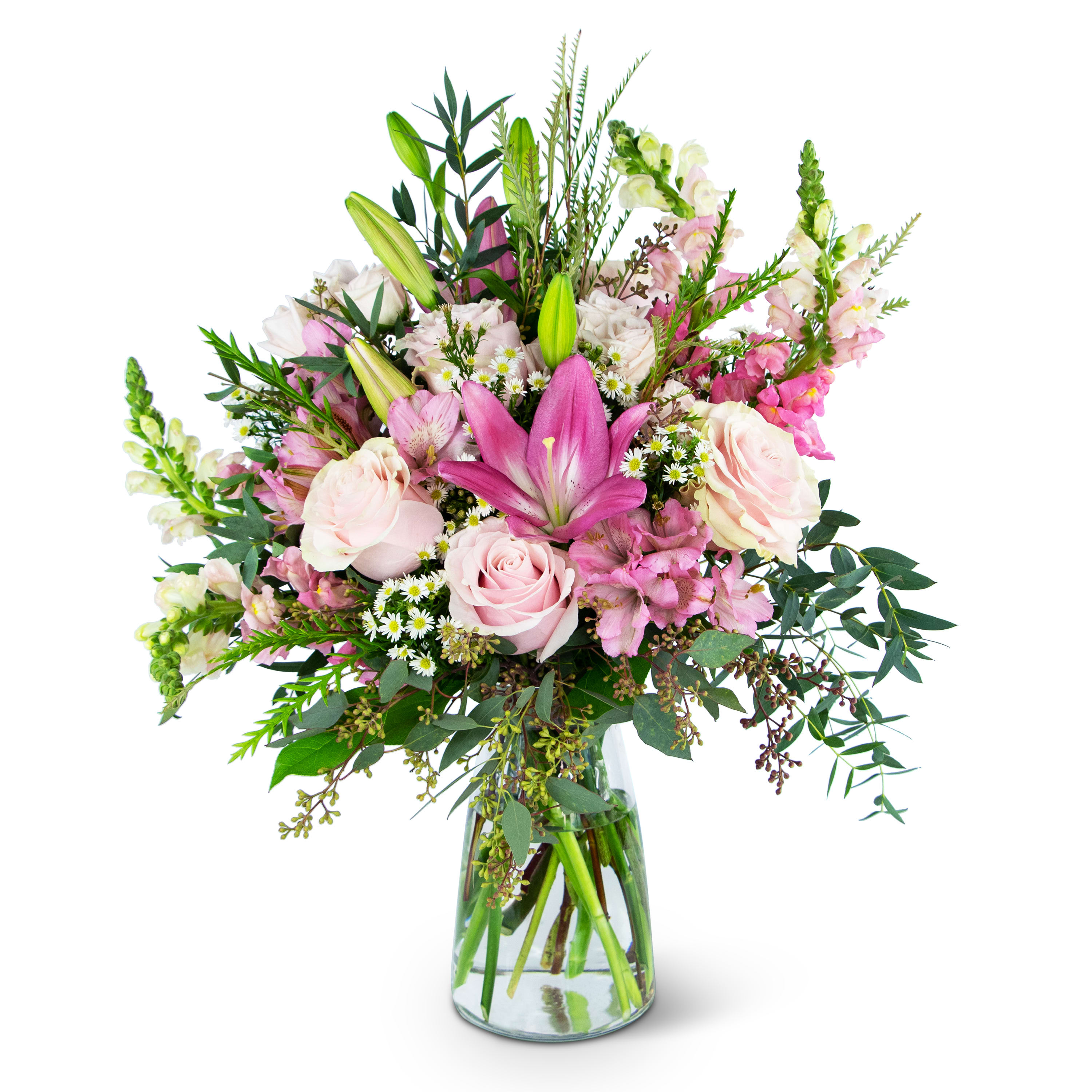 Whispering Pink Meadow  - Whispering Pink Meadow; a collection of beautiful natural foliage popped with colorful flowers.  Tiger Lily, Roses, Monte Casino, Snap Dragons and Alstromeria. 
