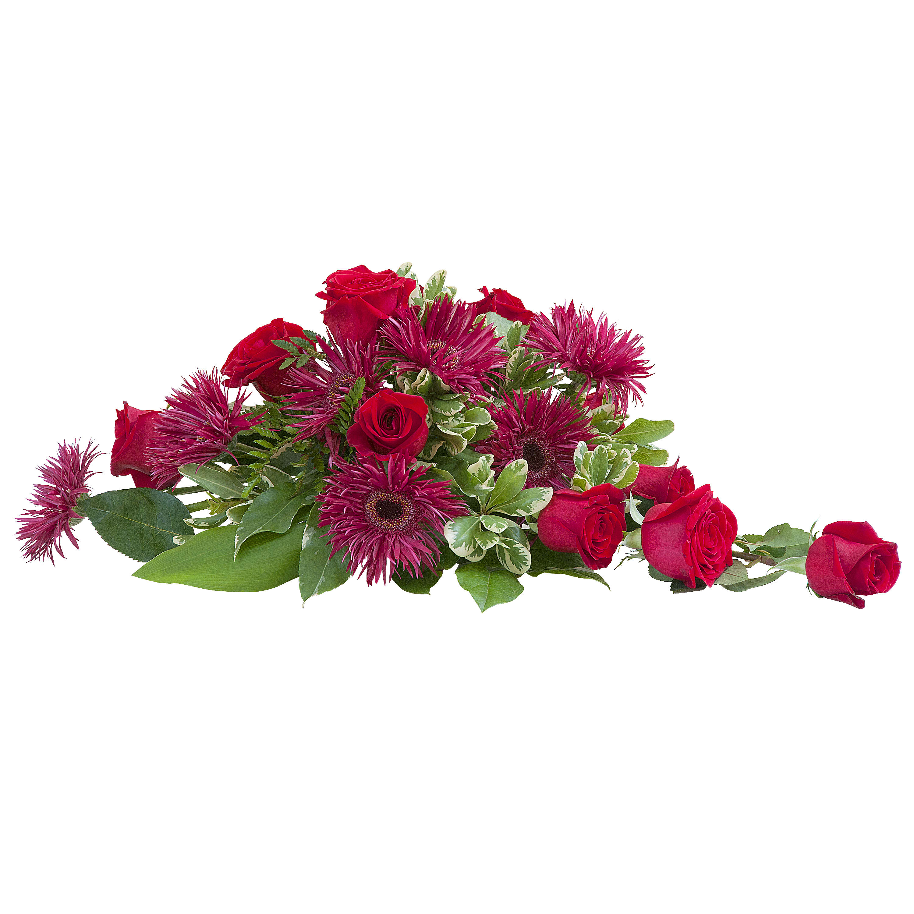 Enduring Love Centerpiece - Roses and Gerbera in a traditional centerpiece.	Approximately 18&quot; wide by 8&quot; high