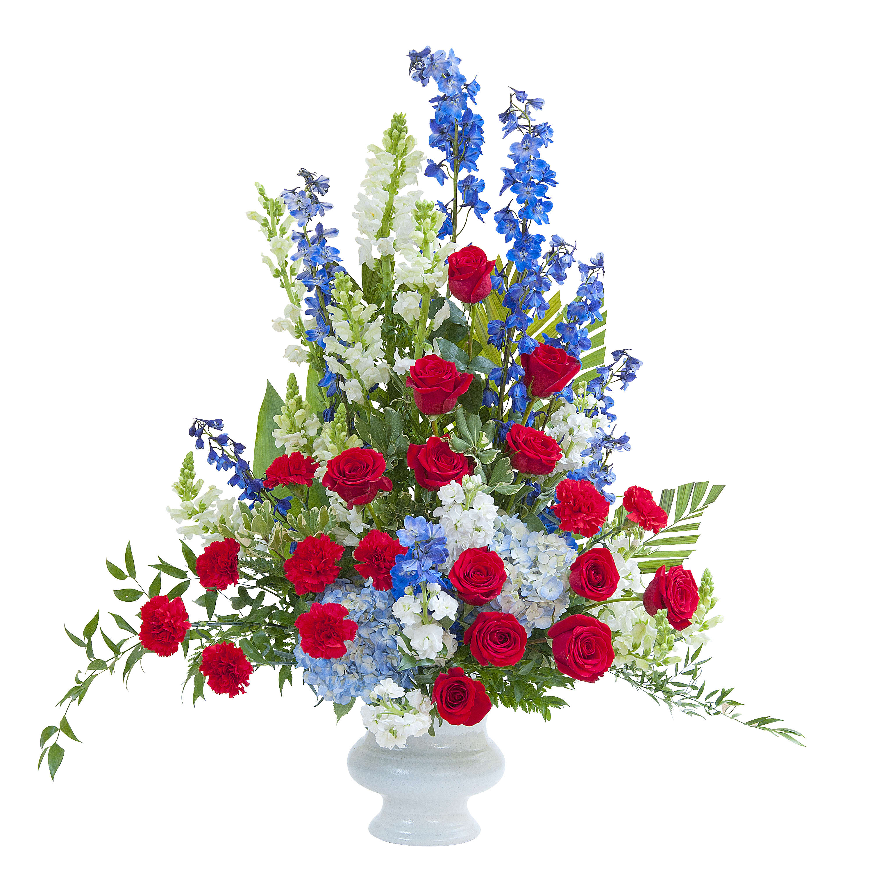 Honor Large Urn  - An honorable display of red, white and blue flowers in a white urn. Approximately 26&quot; wide by 32&quot; high