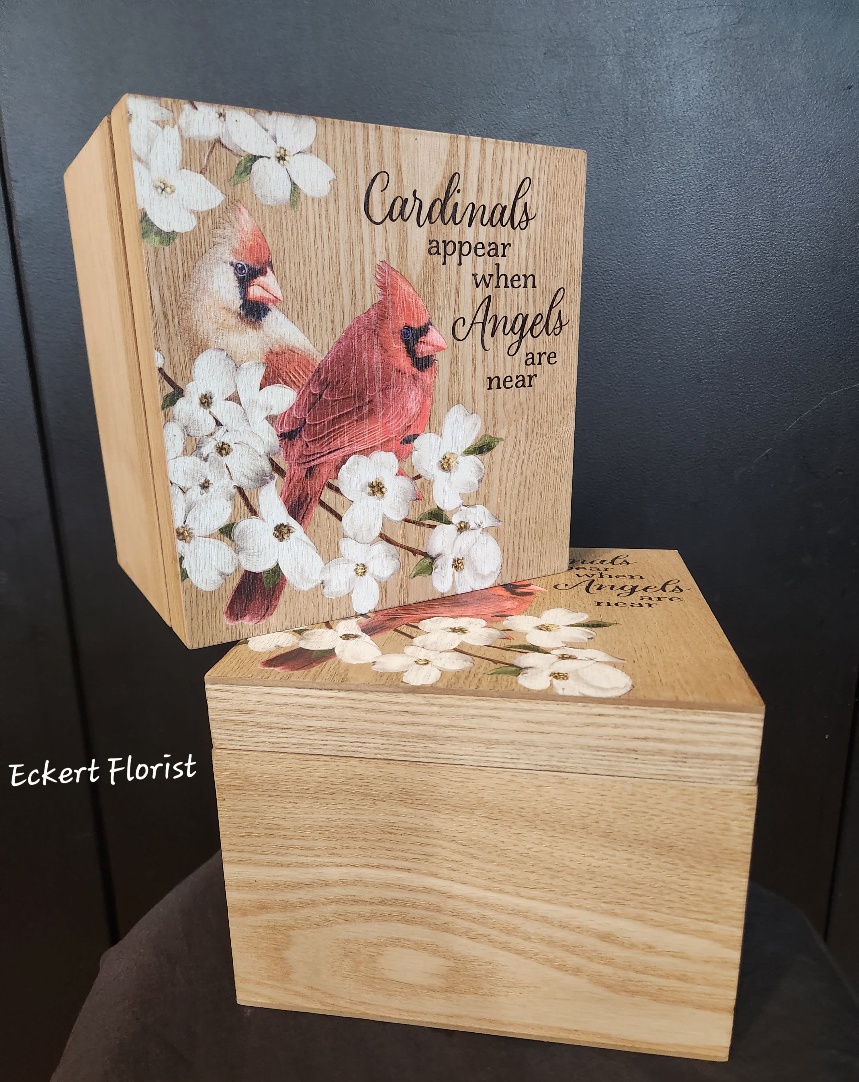 Eckert Florist's "Cardinal..." Memory Box *Our Local Delivery Only Eckert Florist's "Cardinal..." Memory Box *Our Local Delivery Only - This composite wood box measures approx. 6" High x 8" Square. Sentiment on box lid: "Cardinals appear when Angels are near"