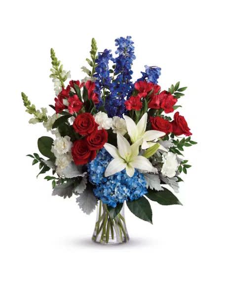 tribute bouquet - A colorful tribute for someone special, this brilliant bouquet of red, white and blue blooms is both perfectly patriotic and gorgeous.