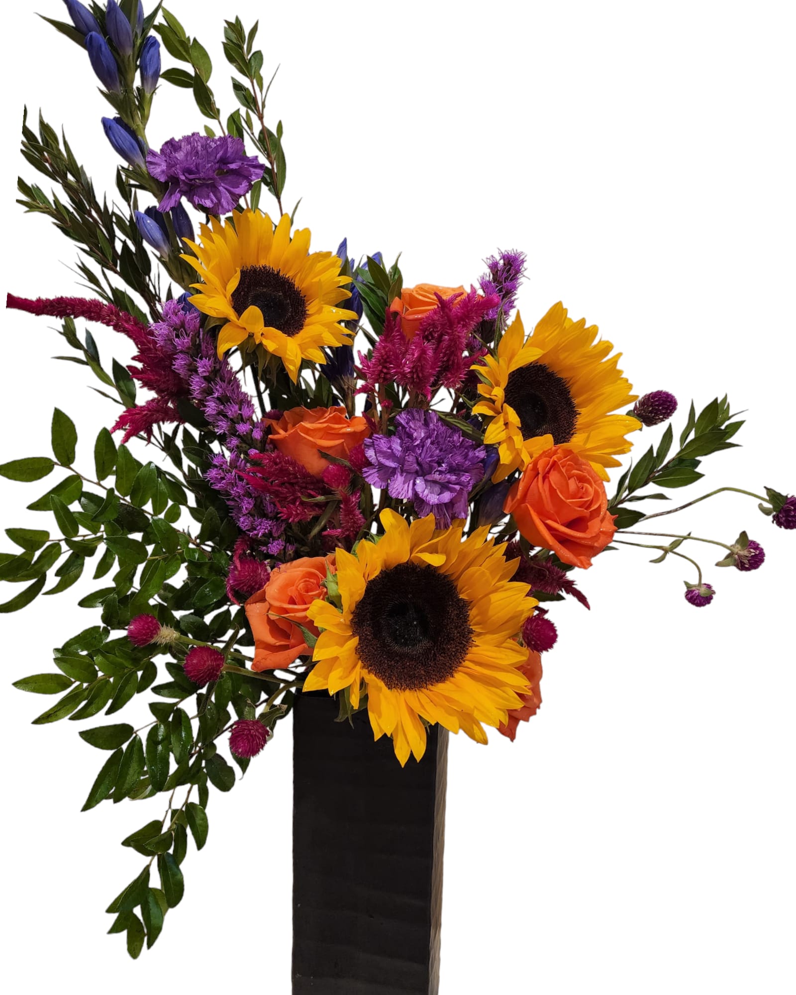 Tall Sunflowers - This elegant vase arrangement of sunflowers, roses &amp; carnations will warm up any room with beautiful fall colors. 