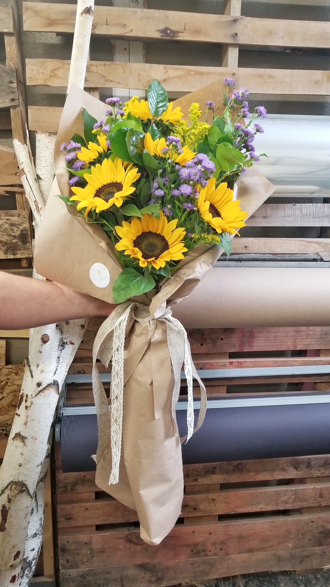 Grand Sunflower Wrap - Beautiful Sunflower gourmet wrap mix of sunflowers and complimenting textures. Wrap is over 3ft tall! Perfect for any occasion!