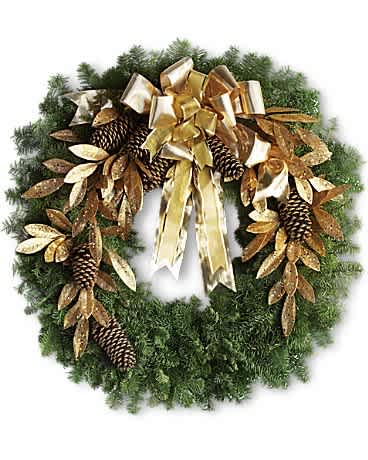 Glitter &amp; Gold Wreath by Teleflora - When it comes to saying &quot;Merry Christmas,&quot; this wreath offers a golden opportunity to say it in style!