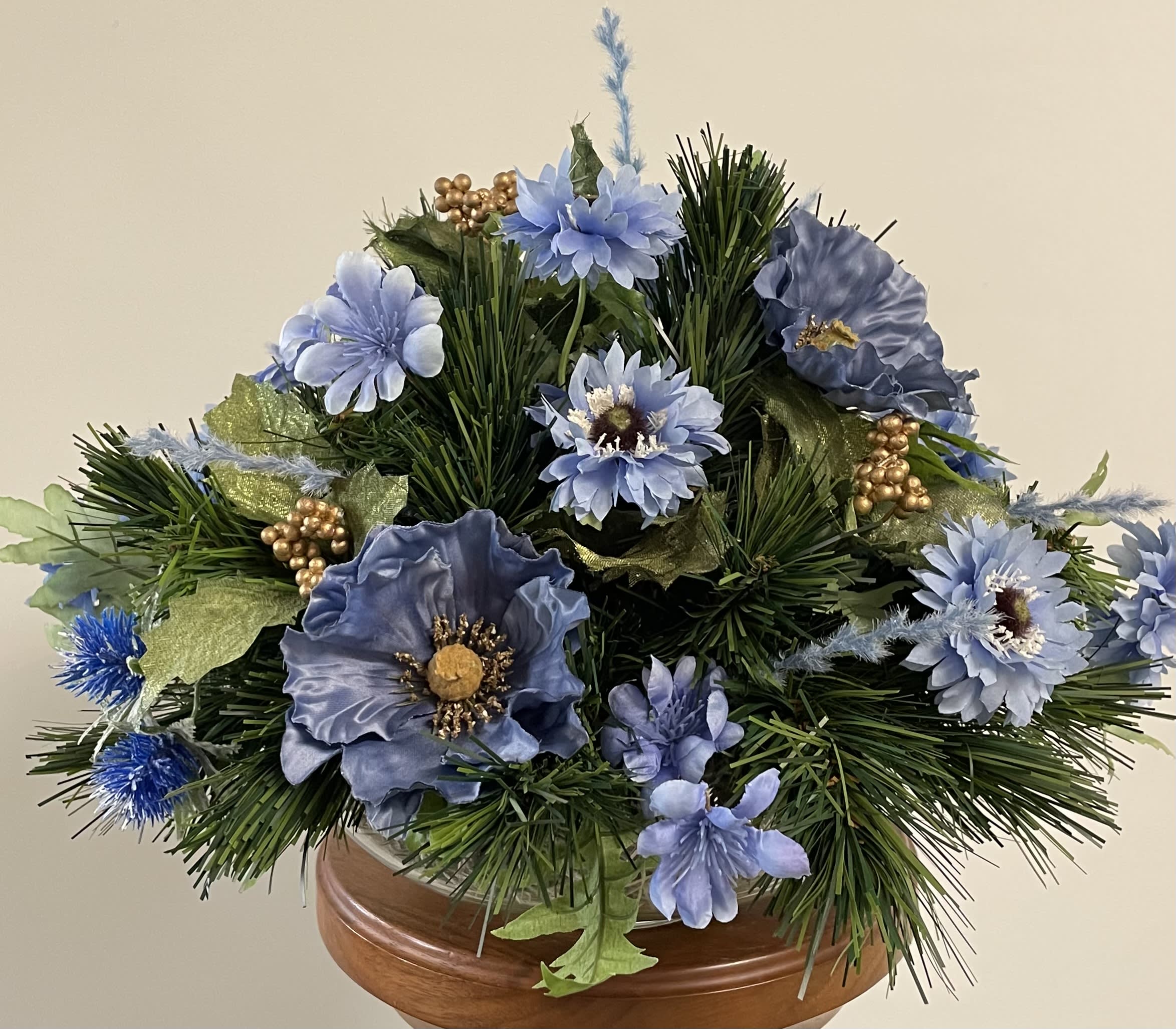 Winter110123-1 - Silk arrangement of Assorted Blues, Gold, and Wintergreens. 18x13