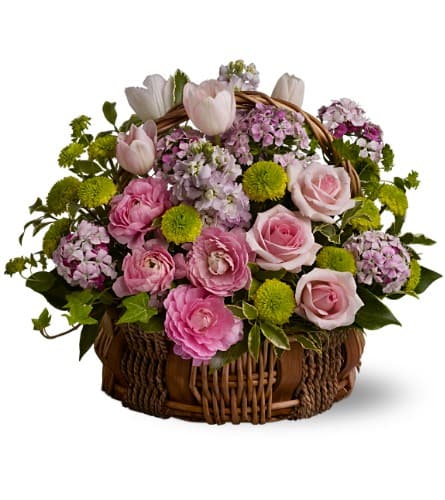 Bella Blooms - Que bellissimo! A woven basket overflowing with fresh blossoms in shades of pale lavender, pink and green creates a stunning presentation at a party, or an eye-catching floral display that will add joy to anyone's day.   A mix of fresh flowers such as roses, tulips, ranunculas, stock and button spray chrysanthemums, in shades of pink, lavender and green â accented with greenery â is delivered in a woven basket. Approximately 14&quot; (W) x 12&quot; (H) 