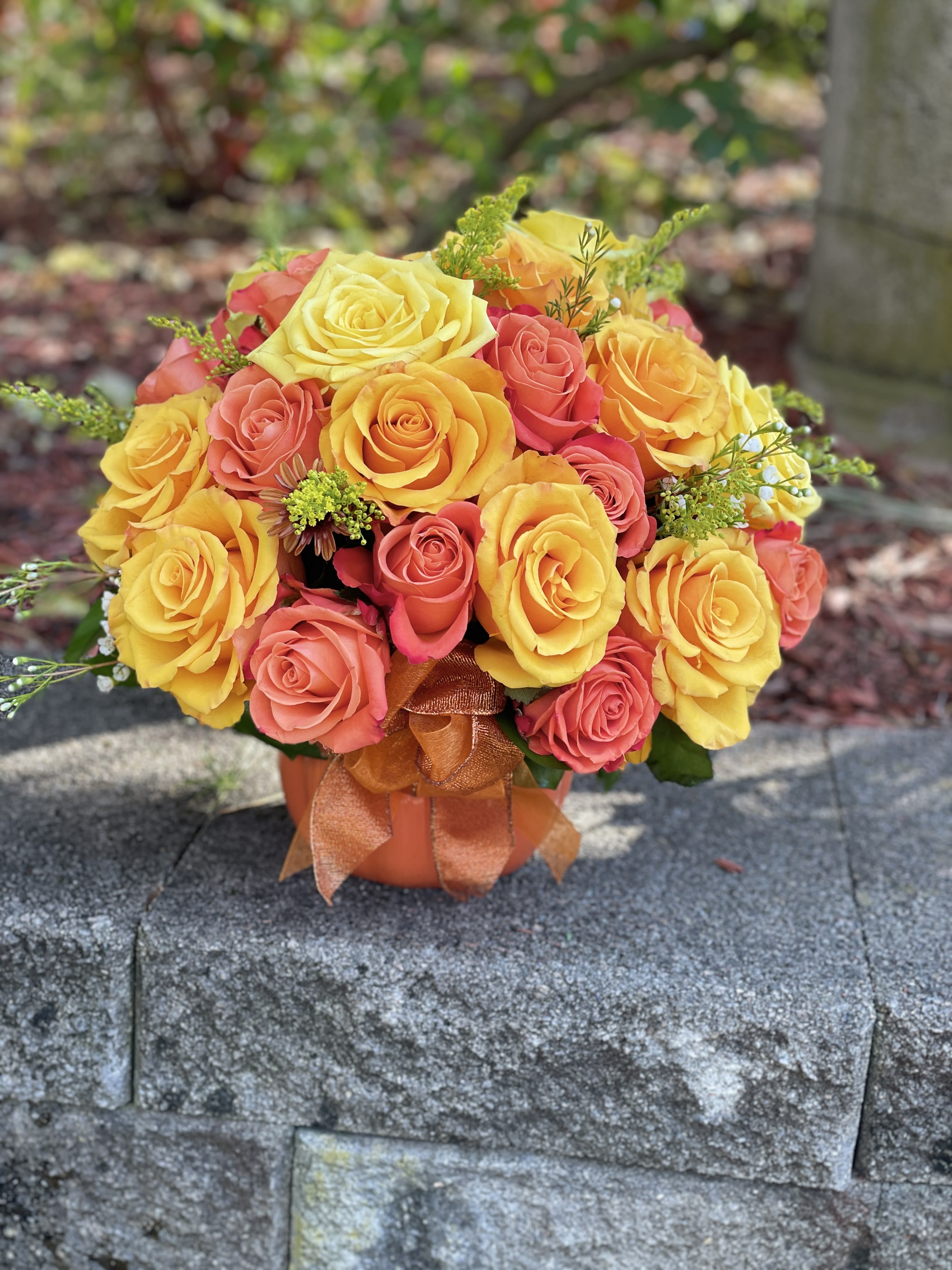 Golden Pumpkin - Ceramic Pumpkin Vase with 24 Beautiful Mixed Roses