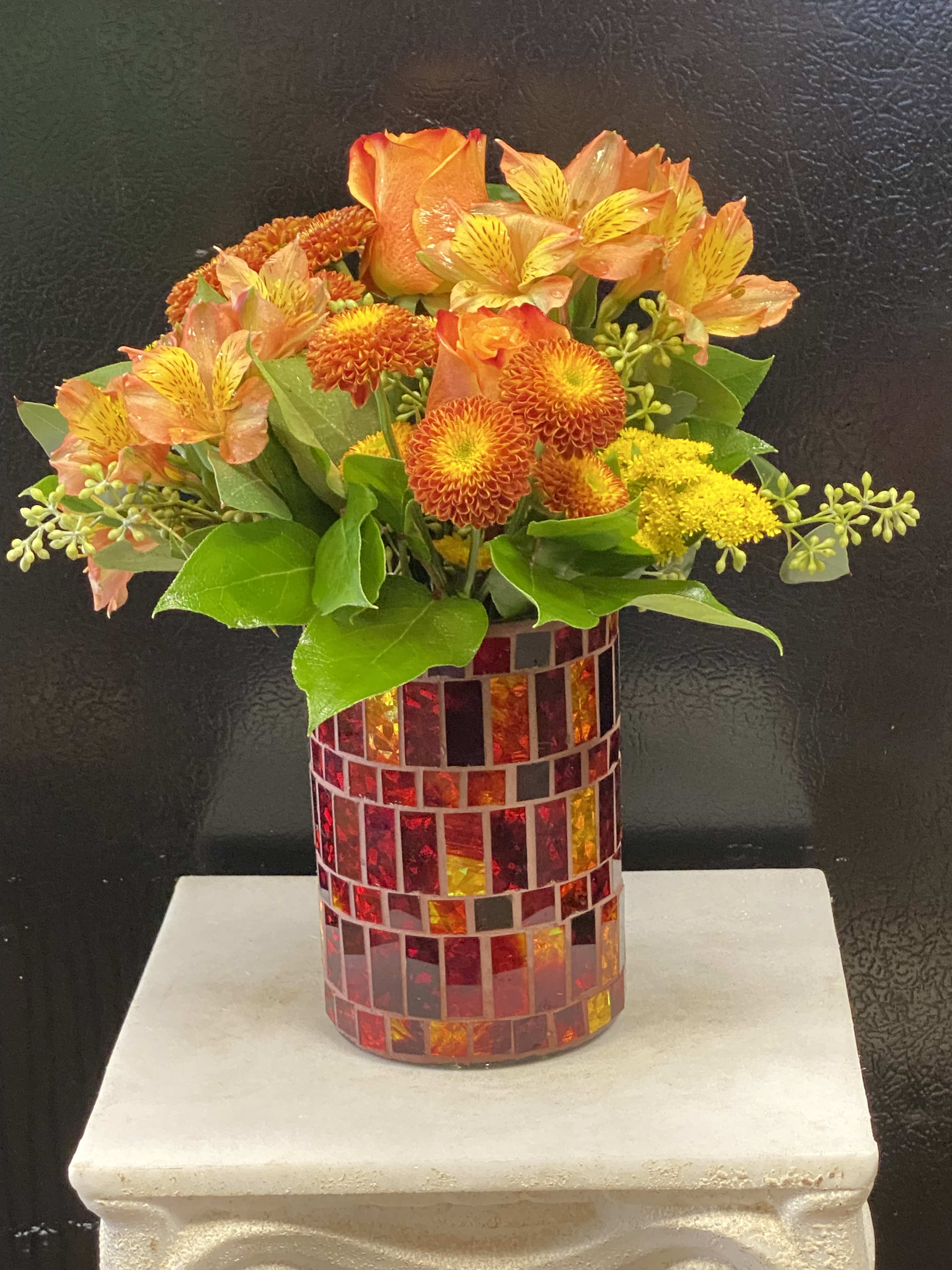 Autumn Lights (In house special only) - Mosaic glass vase filled with fall blooms.