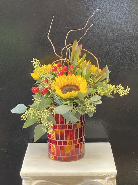 Fall Warmth ( I house special only) - Mosaic vase featuring Sunflowers, Hypericum, Curly Willow, and Eucalyptus 