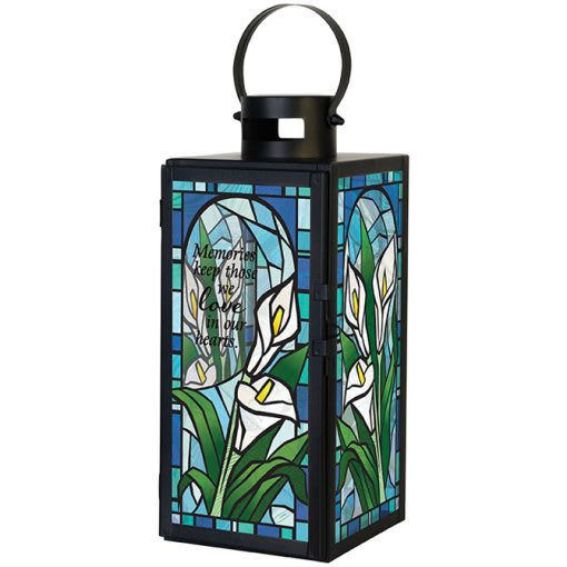 &quot;Memories&quot; Stained-Glass Lantern  - Stained Glass Lantern with: Always and Forever etched in the glass amid beautiful stained glass style artwork and a charming flameless LED candle. Batteries not included. 
