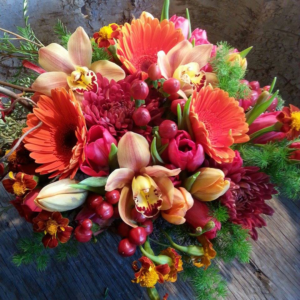 Rainbow Sherbet Favorites - Featuring favorites such as gerbera daisies, hydrangeas, tulips and seasonal stars such as marigold, or cyclamen. This compact arrangement is easy to carry, perfect for a centerpiece, desk or end table. 