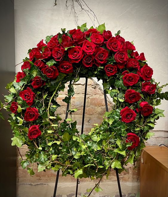 Ivy Wreath - Wreath with Ivy and red roses.   All sympathy arrangements come with complimentary sash with custom writing