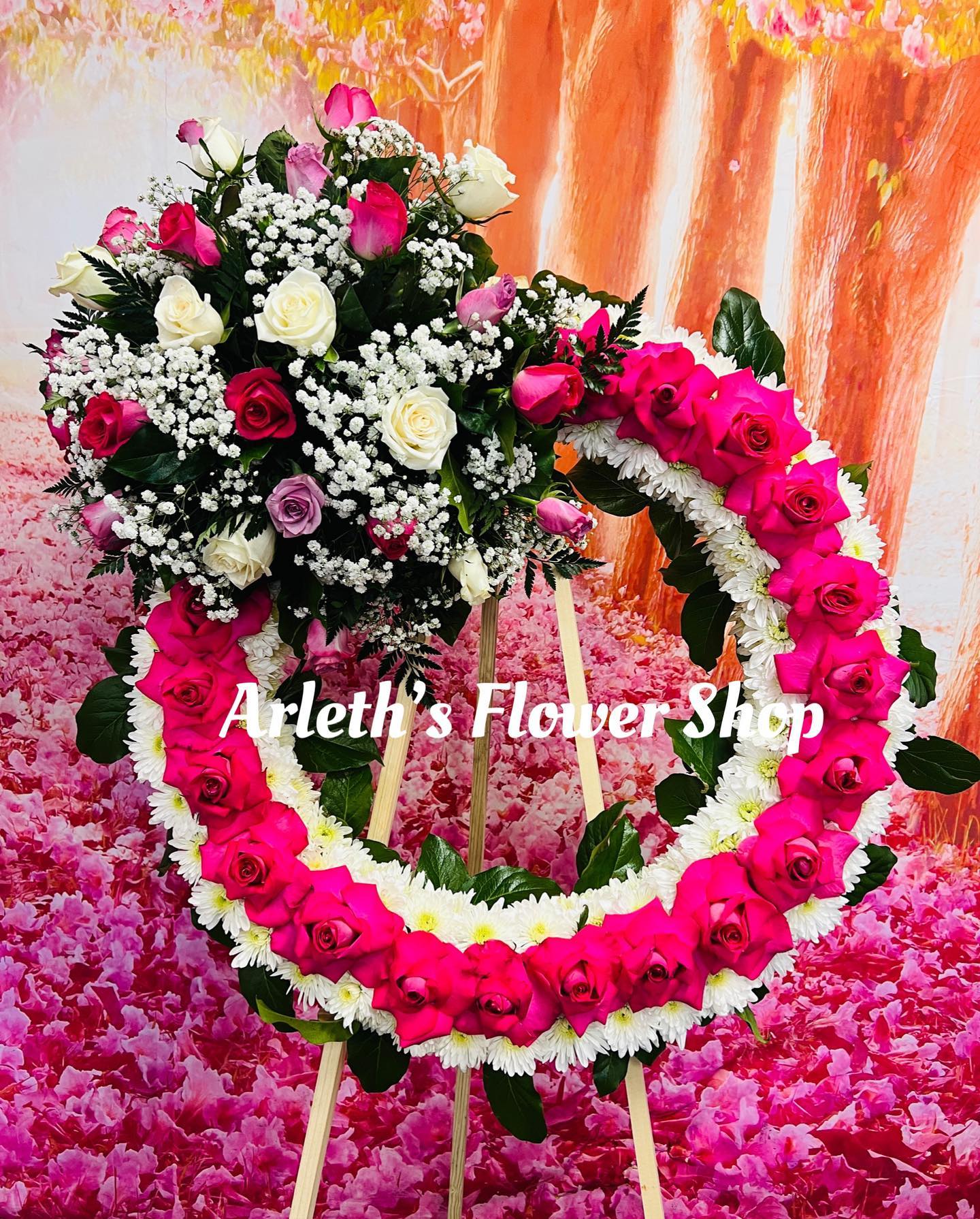 Funeral - Medium Wreath With Hot Pink Roses Funeral - Medium Wreath With Hot Pink Roses - Funeral - Medium Wreath With Hot Pink ,Purple, And White Roses