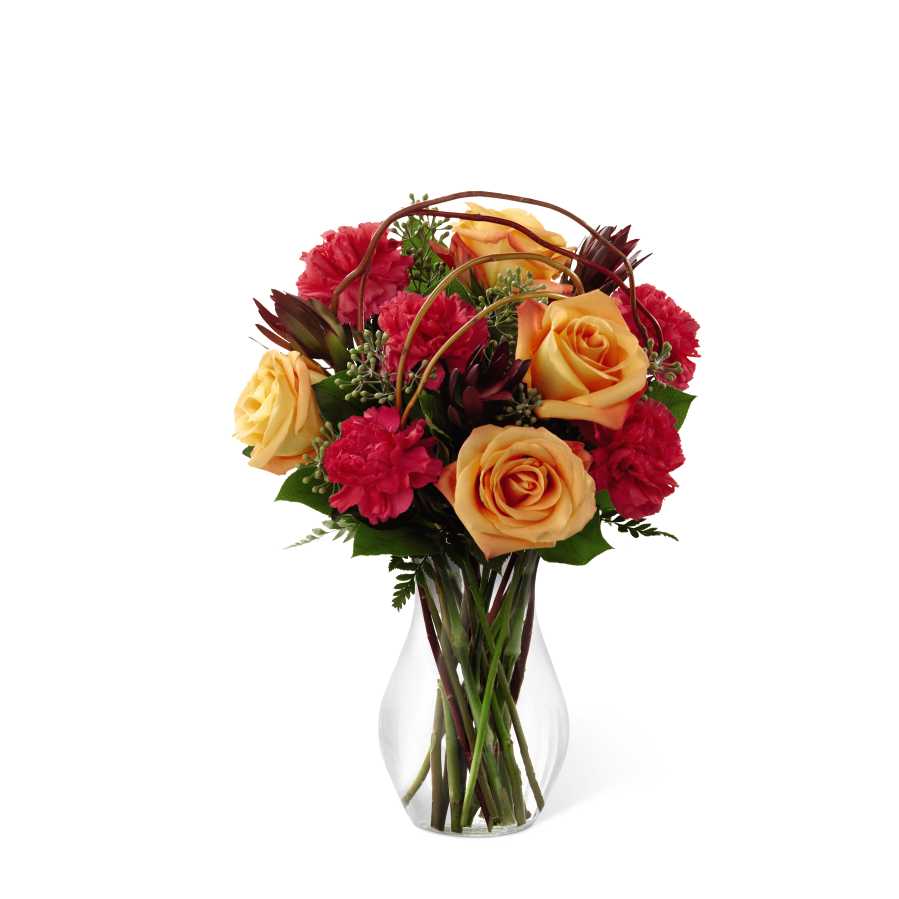 Happiness Bouquet - Happiness Bouquet is blooming with vibrant color to bring smiles and delight to your special recipient! Orange roses and fuchsia carnations are brought together with a variety of lush greens and accented with curly willow branches to create a memorable bouquet of eye-catching beauty. Seated in a classic clear glass vase, this bouquet is the perfect way turn any day into a celebration. GOOD bouquet includes 9 stems. Approx. 16âH x 12âW. BETTER bouquet includes 13 stems. Approx. 17âH x 13âW. BEST bouquet includes 17 stems. Approx. 18âH x 14âW.