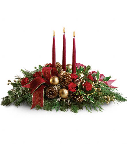 All is Bright - All will be bright this season when you order this joyful Christmas arrangement. A lovely centerpiece it will light up the holiday festivities beautifully. Miniature carnations are artfully on display with merry touches like shimmery ornaments pinecones berries organza ribbon and holiday greens. Three graceful red taper candles add the perfect magical touch.Approximately 23&quot; W x 16&quot; H Orientation: All-Around As Shown : T114-1ADeluxe : T114-1BPremium : T114-1C