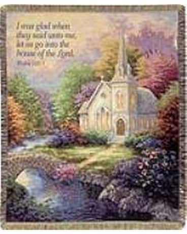 CHURCH IN THE COUNTRY - The Church in the Country woven throw is displayed on an easel with a bow. Or in a gift bag to the home. &quot;I was glad when they said unto me, let us go into the house of the Lord.&quot; Psalm 122:1 50&quot; X 60&quot; 100% cotton.