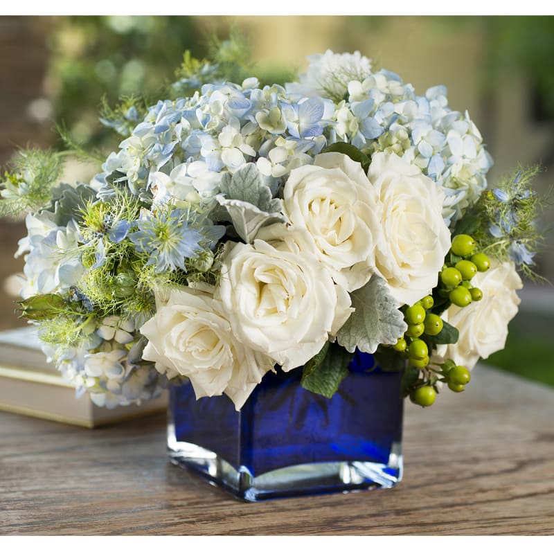 Blue vase - Cobalt blue vase with baby blue hydrangea and white roses. Surprise a loved one with this sweet and beautiful vase arrangement for special occasions, Ideal for new baby boy,  Graduation or Father's day. It will be nice surprise for anyone who,s favorite color is BLUE.