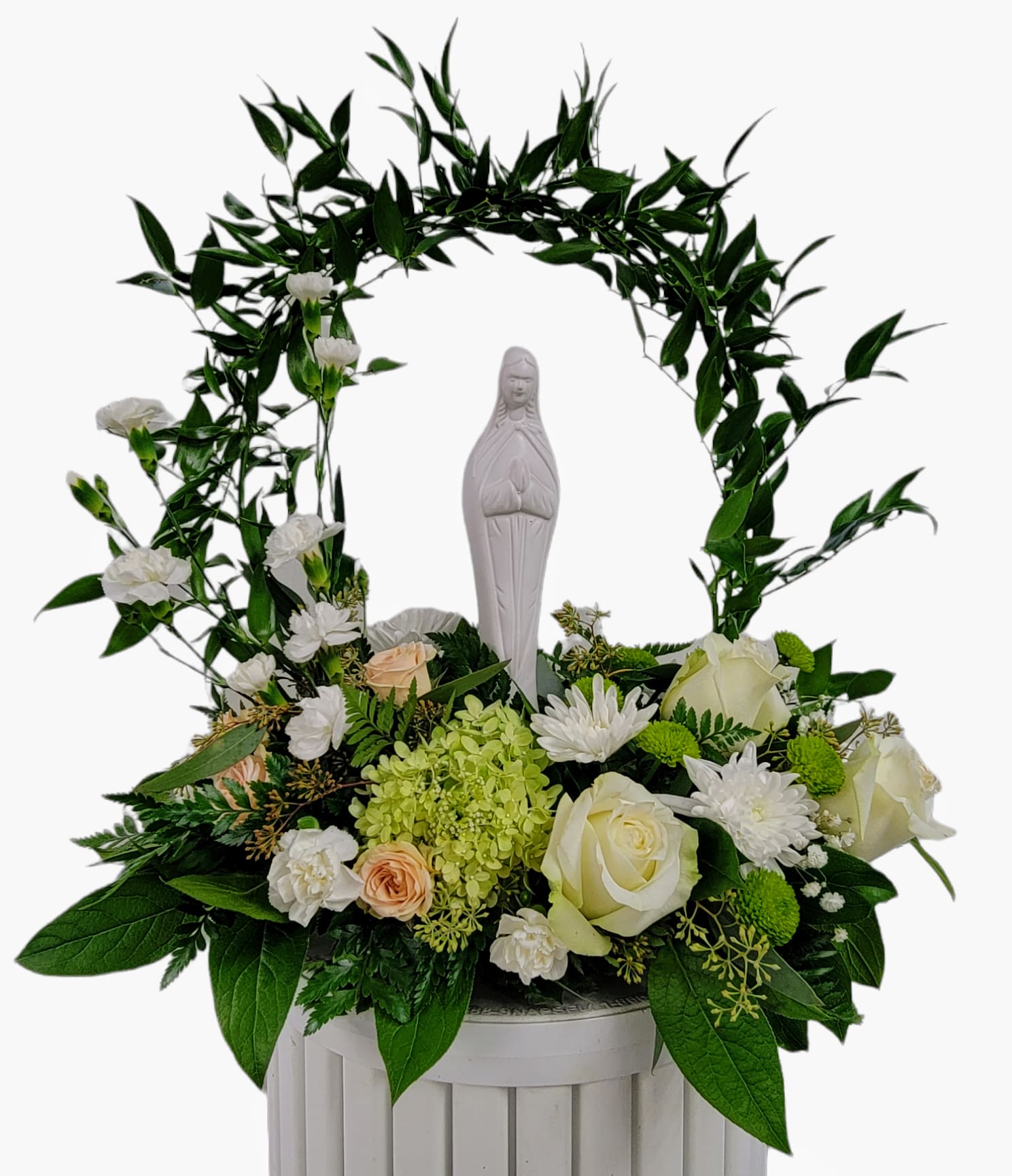 Full of Grace - A fitting arrangement for the home or a memorial service...could even work for an Easter or Christmas arrangement.  The circular arrangement is done in a low design dish - the Mary statute measures @ 9&quot; tall.  the flowers are soft and flowerful...hydrangea, pale peach/pink spray roses, white roses, green buttons...the garden look.