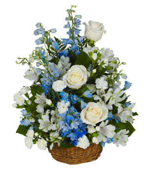 Peaceful Wishes - White roses, alstro, and carnations with blue delphinium