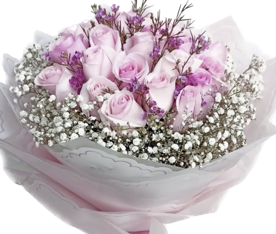 Lavender wrapped roses Lavender wrapped roses - Lavender roses wrapped in matching wrapping paper combined with matching fillers to enhanced those unique lavender colors