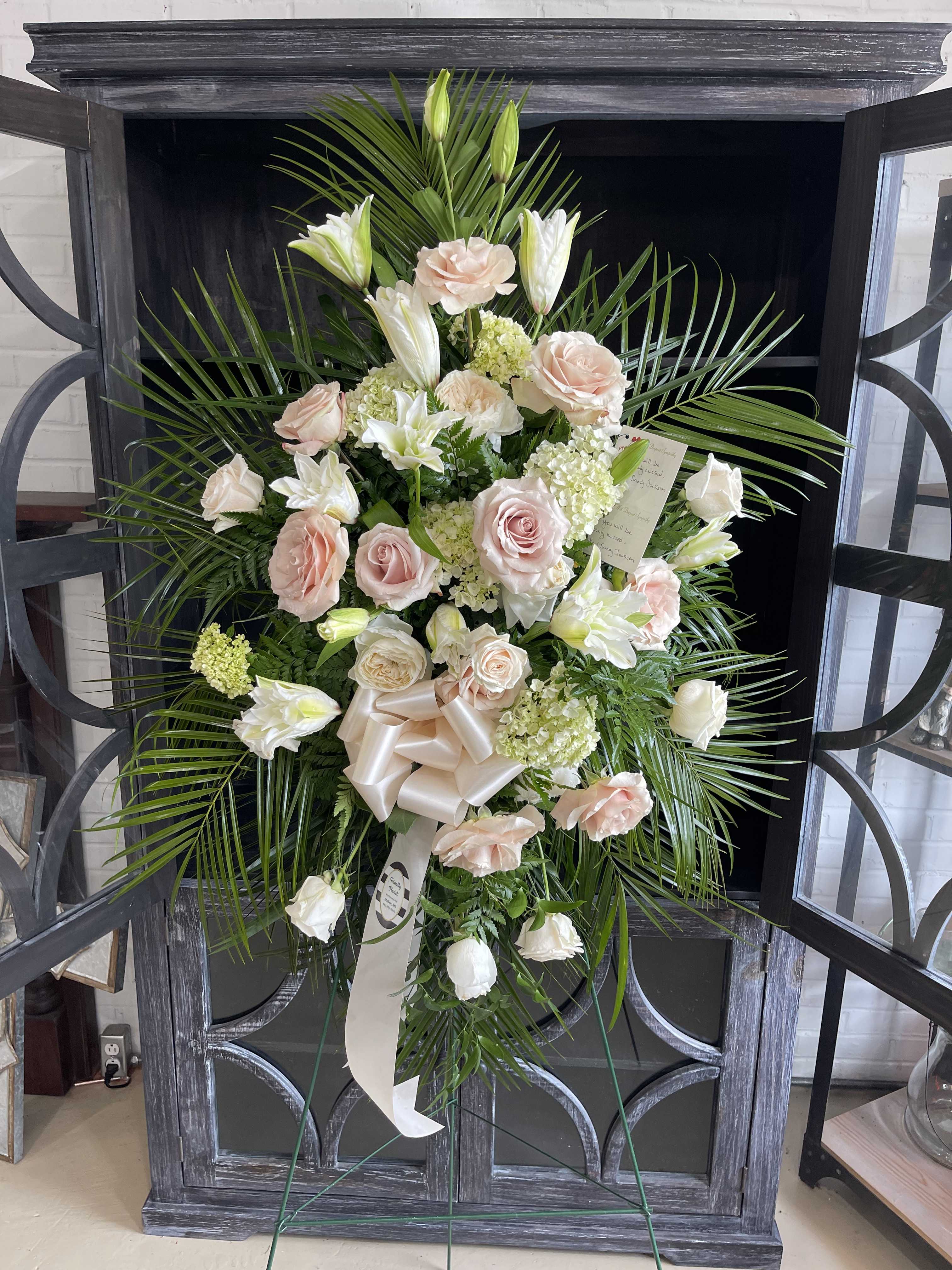 Forever Faithful  - Soft dusty pink garden rose and white rose  sympathy spray