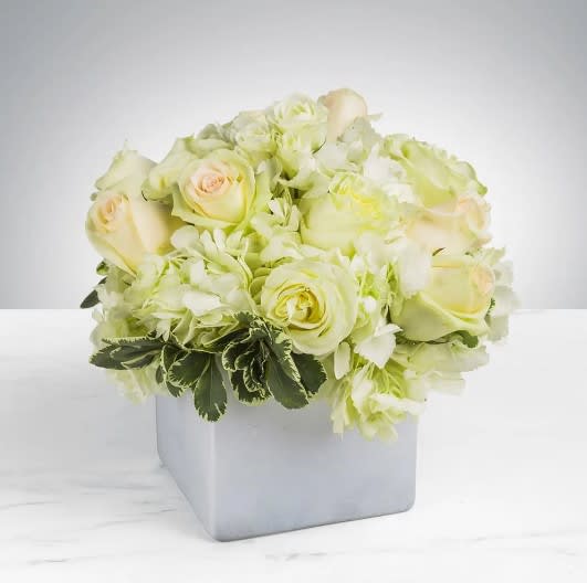 Simplicity  - Simplicity is the perfect gift to wish a happy birthday, show gratitude, or wish a speedy recovery.   Arrangement Details: Includes blush pink roses, white roses, blush spray roses, white hydrangea. APPROXIMATE DIMENSIONS: 10&quot; H X 11&quot; W X 11&quot;L