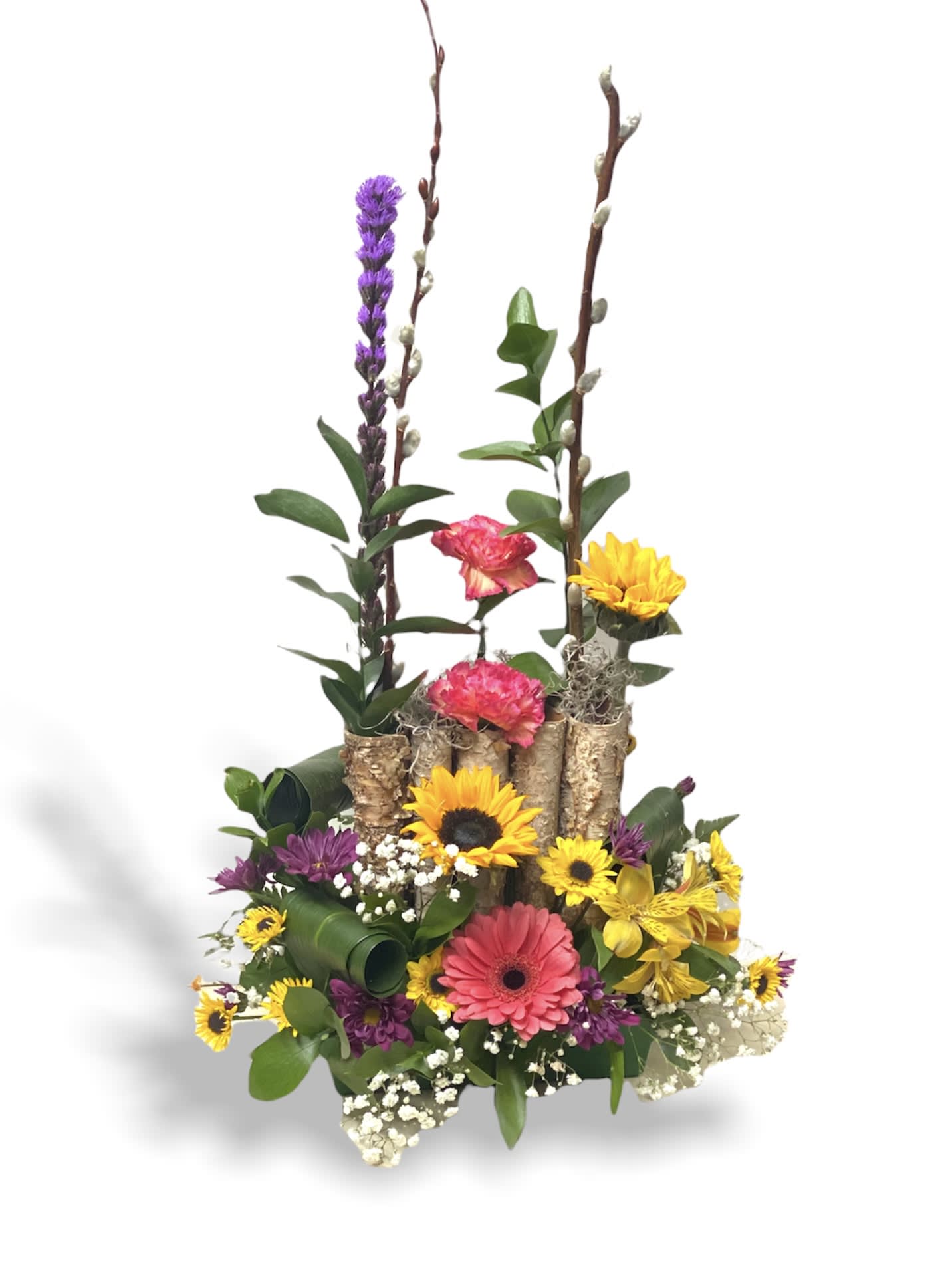 Walk in the woods bouquet - Walk in the woods bouquet Features sunflowers carnations Gerber daisies babies breath along with birch tree bark Perfect for any occasion