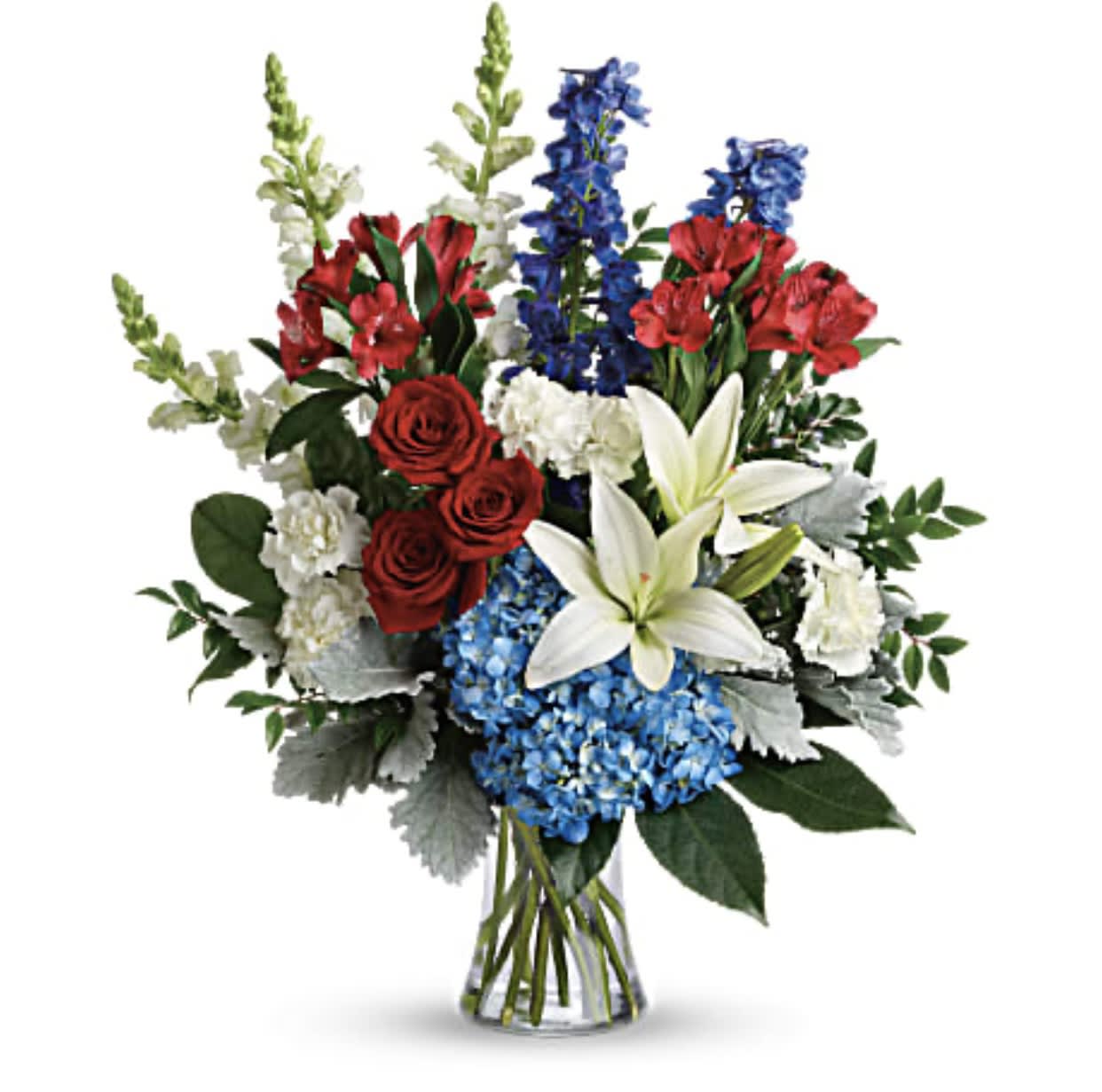 Colorful Tribute Bouquet - A colorful tribute for someone special. Red, White and Blue is perfectly patriotic and gorgeous.